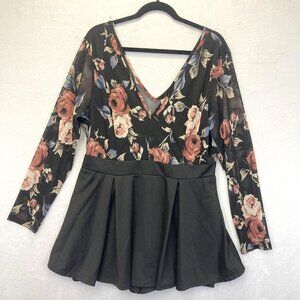 Dark Floral Romantic Romper Womens 2XL Black Long Sleeve Stretch Fall Mesh VNeck